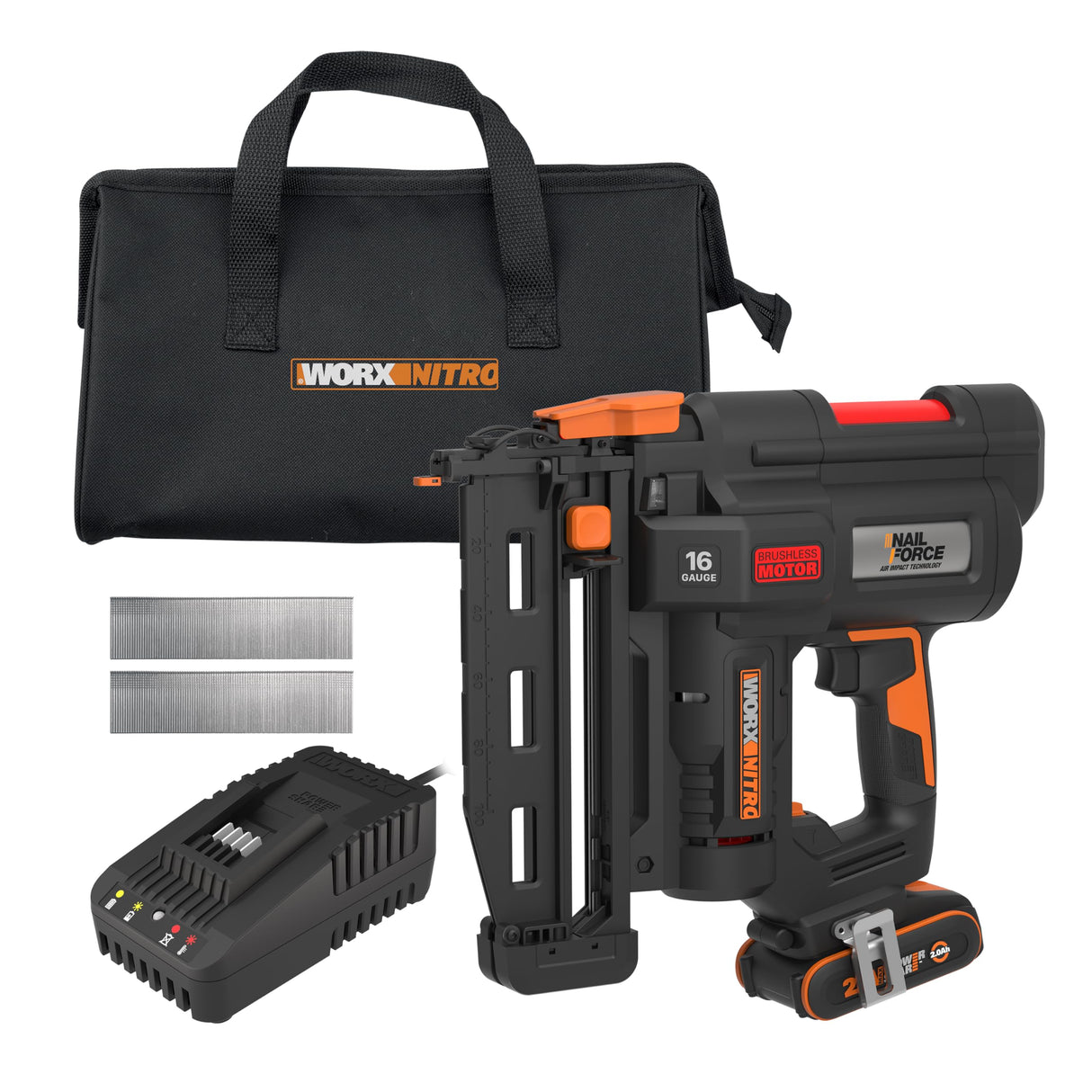 WORX WX841 Nitro – Clavadora eléctrica inalámbrica 20 V – 2 Ah – Tire hasta 80 clavos por minuto – Hasta 64 mm en la madera – Desbloqueo sin herramientas – (incluye batería y cargador| 200 clavos