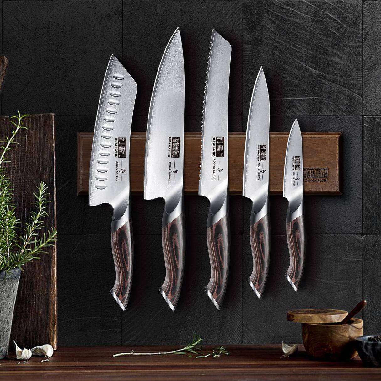 HOSHANHO Juego de Cuchillos de Cocina de 6 Piezas, Juego de Cuchillos de Chef Profesional, set de cuchillos de cocina de Acero Inoxidable con portacuchillas magnético