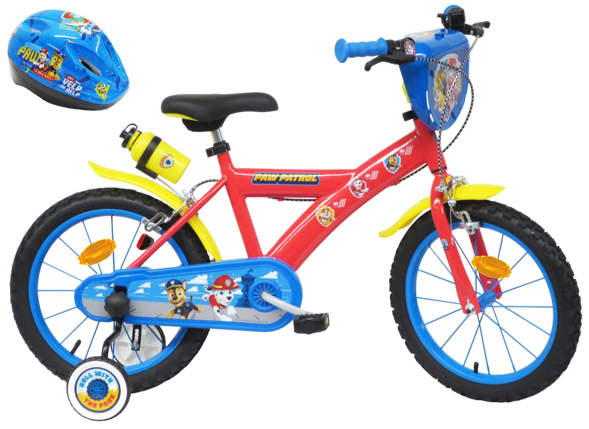 Vélo ATLAS 16 Bicicleta Infantil Pulgadas, Pat, Equipada con 2 Frenos, bidón/portabidón Guardabarros, Placa Frontal, estabilizadores extraíbles + Casco Patrulla Canina Incluido, Niños, Rojo