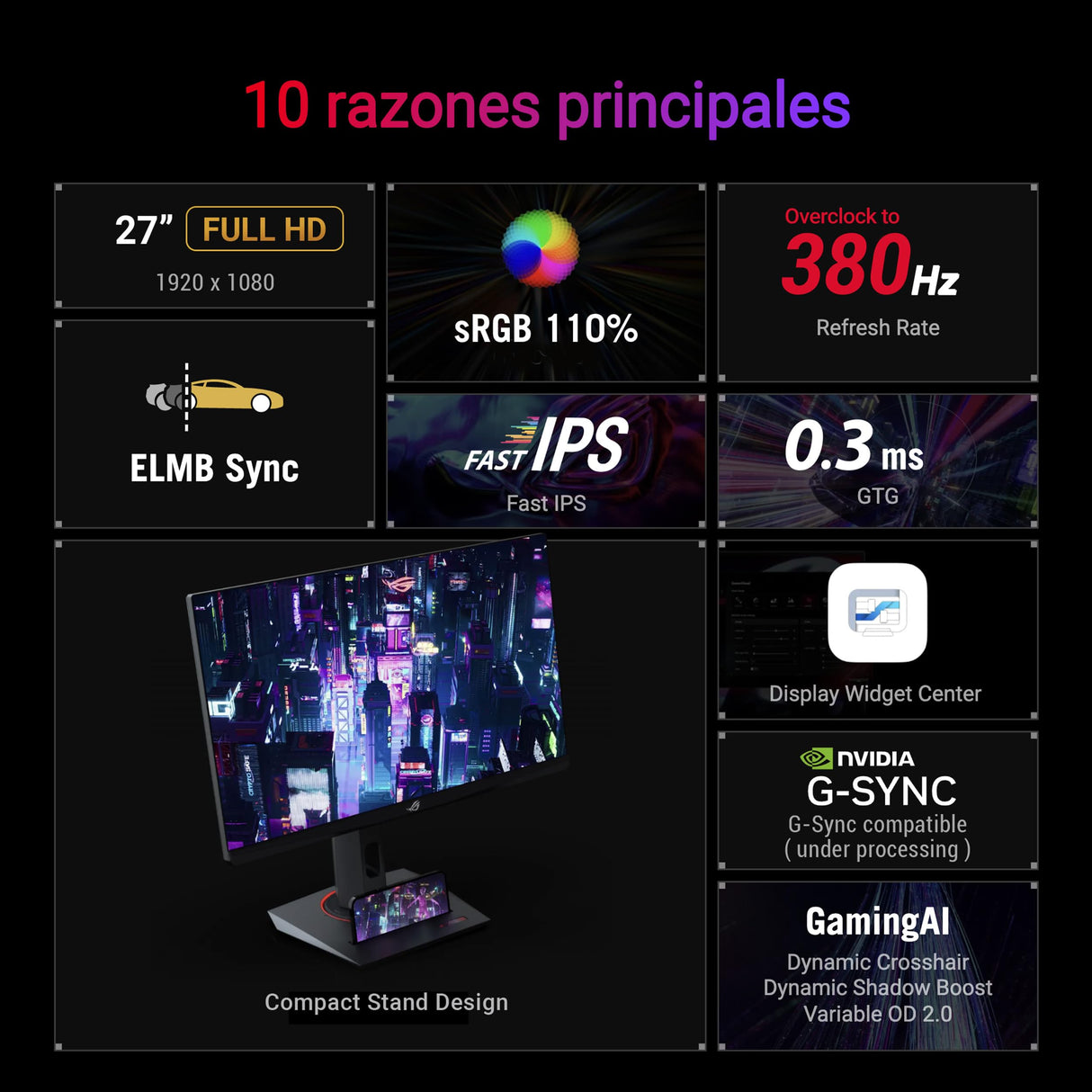 ASUS ROG Strix XG279CNS Monitor Gaming de 27" Full HD (1920x1080), IPS, 380Hz (overclock), 0.3 ms, Extreme Low Motion Blur Sync, USB Tipo-C, DisplayHDR 400, Rosca para trípode, DisplayWidget Center