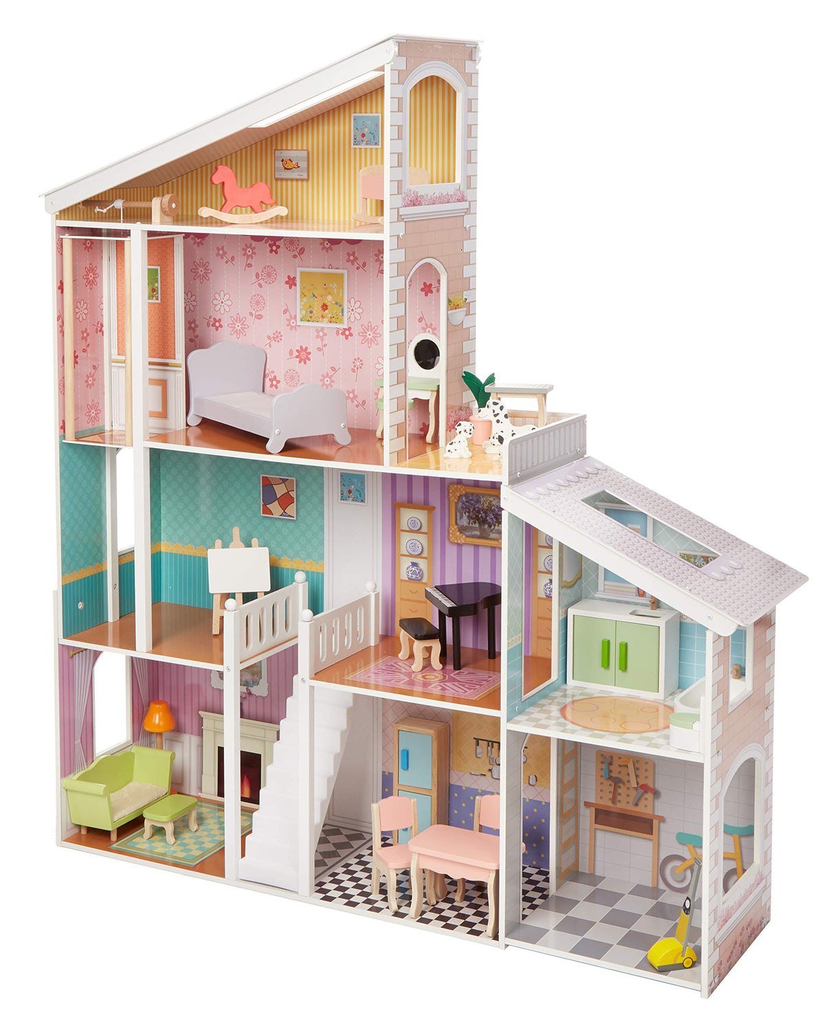 Amazon Basics - Casa de muñecas de madera y 4 pisos y muebles para muñecas de 30.48 cm