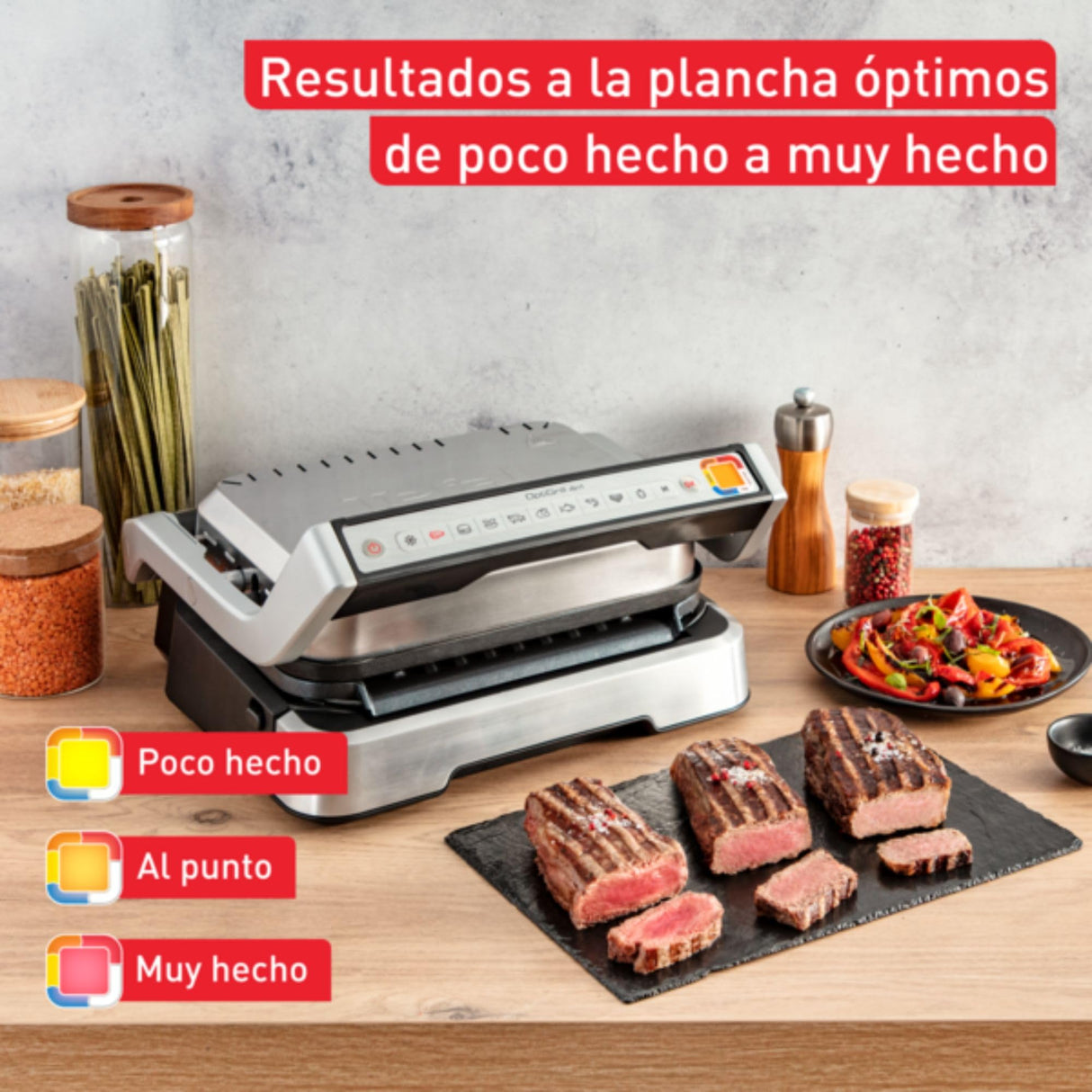 Tefal OptiGrill GC776D10 - Barbacoa de contacto 4 en 1 con bandeja para horno, plegable, 9 programas, indicador de nivel de cocción, parrilla eléctrica, horno