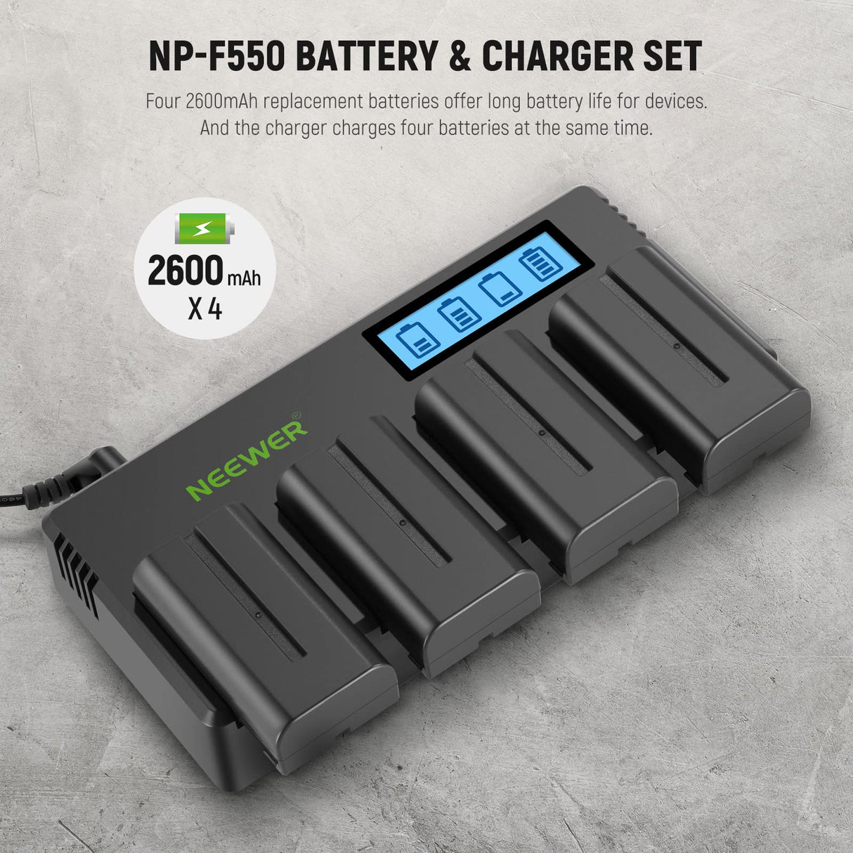 NEEWER 4 Pack Baterías de Repuesto NP-F550 de 7,4V 2600mAh con 4 Canales Cargador de Batería y Adaptador de Energía Compatible con NP-F550/750/770/970 FM500H QM71D QM91D Monitor de Campo Luz de Video