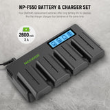 NEEWER 4 Pack Baterías de Repuesto NP-F550 de 7,4V 2600mAh con 4 Canales Cargador de Batería y Adaptador de Energía Compatible con NP-F550/750/770/970 FM500H QM71D QM91D Monitor de Campo Luz de Video