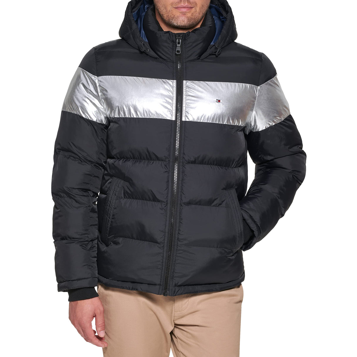 Tommy Hilfiger Hooded Puffer Jacket Abrigo Alternativo de plumón, Rayas Negras y Plateadas, M para Hombre