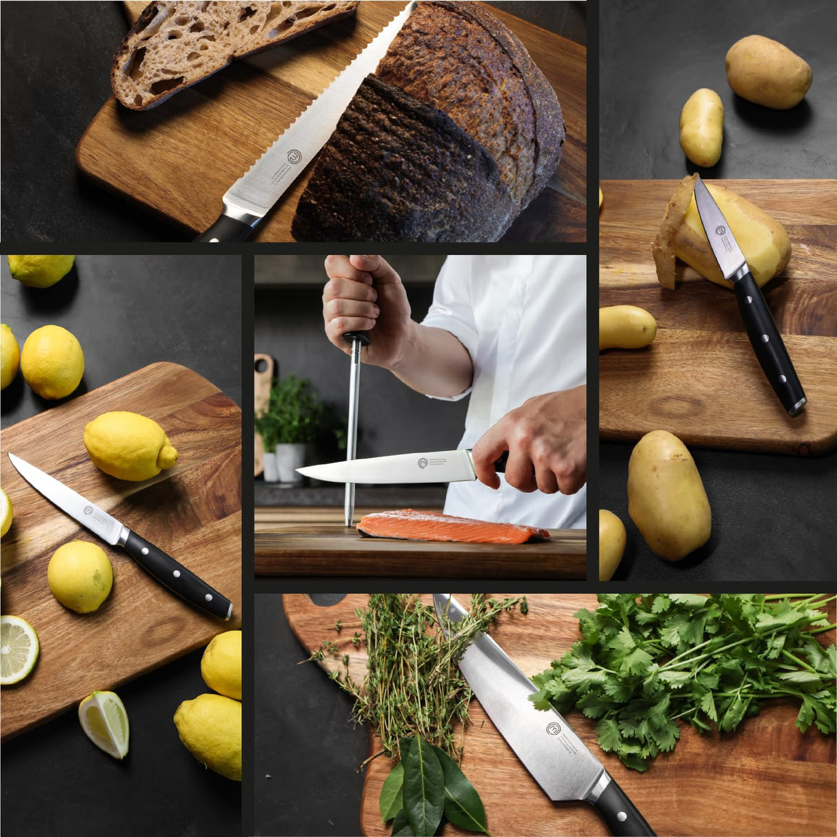 MasterChef Juego de Cuchillos de Cocina Profesional con Soporte, con Cuchillo Chef, Cebollero, Santoku, Pan, Chuleteros, Afilador y Tijeras, Acero Inox con Alto Carbono, Asas Triple Remache, 15 Piezas