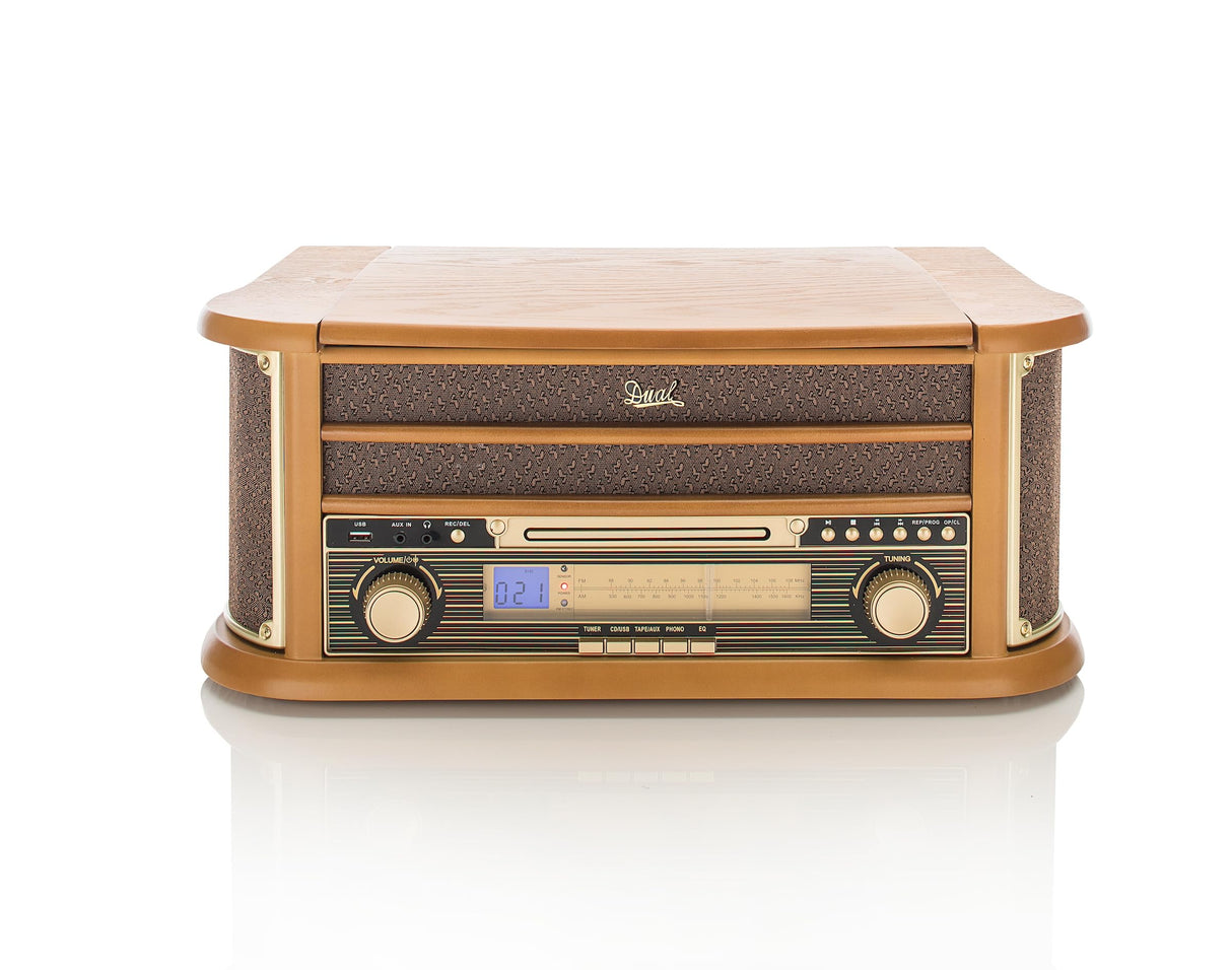 Dual NR 4 Nostalgie - Cadena musical con tocadiscos (radio FM/AM, CD-RW, MP3, USB, casete, entrada auxiliar), color marrón (importado)