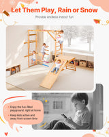 VEVOR 8 en 1 Parque Infantil de Madera para Interior, Carga de 100 kg Juego de Escalada Montessori con Columpio, Barra de Mono, Tobogán, Anillas, Escalera de Madera/Cuerda, Red, Roca, Colorido