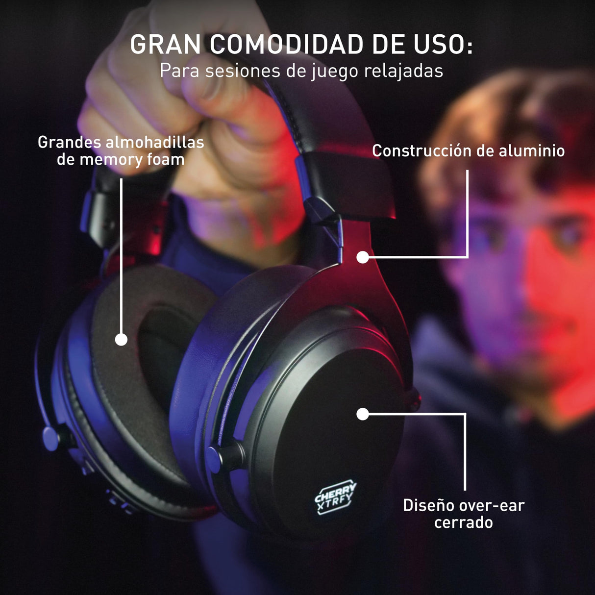 CHERRY XTRFY H3 Wireless, Auriculares Inalámbricos Gaming, Sonido Optimizado para Esports, Ideal para Juegos, Streaming y Música, Micrófono Desmontable, Negro