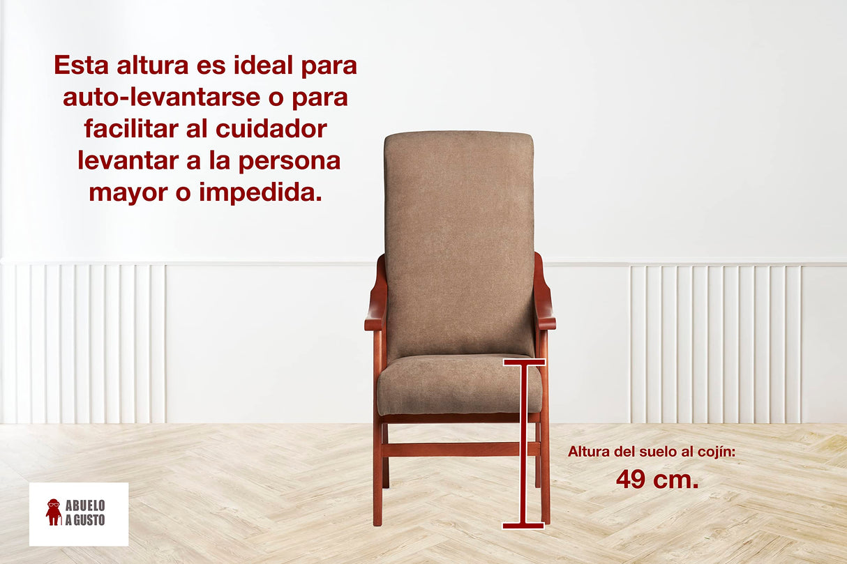 Abuelo a Gusto - Silla Brazos de Madera, Respaldo Recto, Ideal para Personas Mayores, Movilidad Reducida o Dolor Espalda. Usada en residencia y geriátricos. Tamaño: 57x70x114 cm. (Cerezo, Gris)