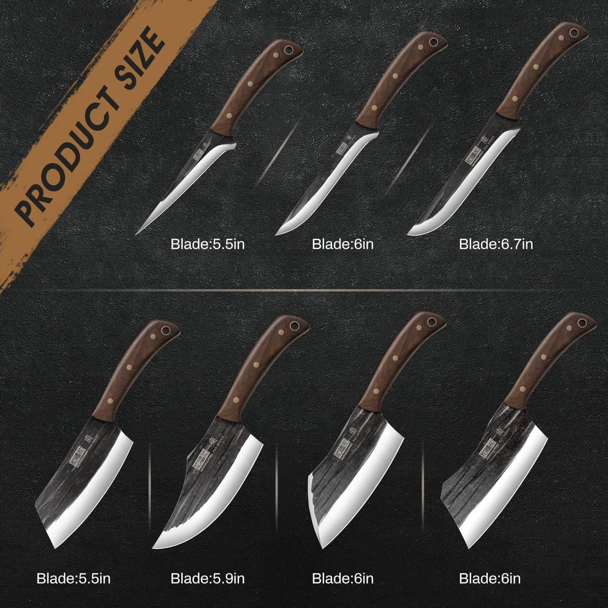 HOSHANHO Juego de Cuchillo de Carnicero, Forjado a Mano, Con Bolsa Enrollable Afilado Cuchillo de Carne, Cuchillo de Hueso y Cuchillo Deshuesador, Ideal Para el Hogar, Camping y BBQ