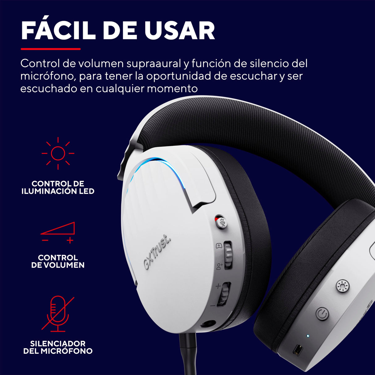 Trust Gaming GXT 491W Fayzo Cascos Gaming Inalámbricos Bluetooth + 2.4 GHz, 7.1 Sonido Envolvente, Batería de 22 Horas, Auriculares Inalámbricos RGB Over-Ear PC PS5 PS4 Switch - Blanco