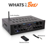 Pyle PTA44BT - Amplificador Bluetooth inalámbrico de 500 W, Audio estéreo de 4 Canales, Receptor de Potencia de Sonido con Entrada AUX, FM, Altavoces de subwoofer RCA, USB, Entrada de micrófono con