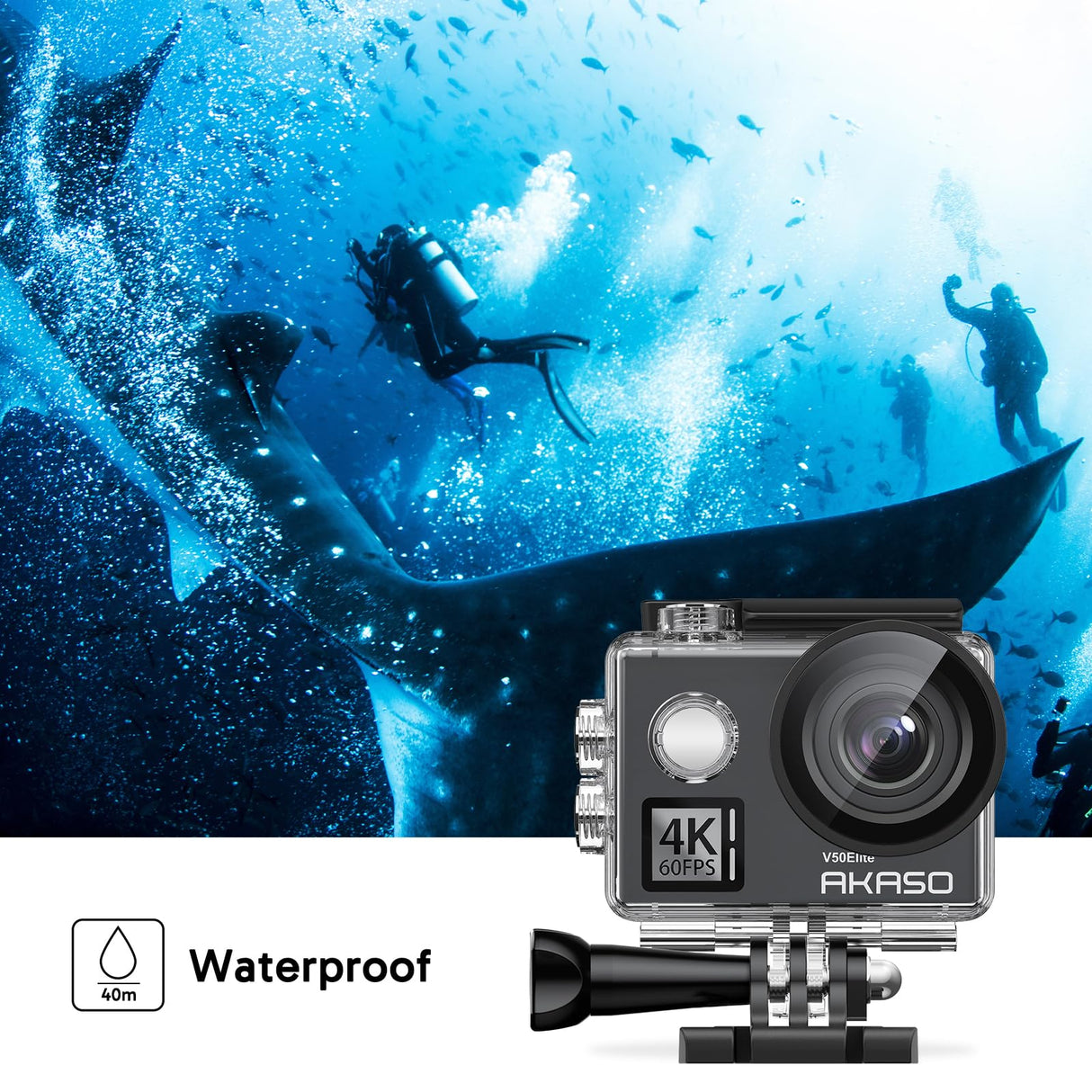 AKASO Cámara Deportiva WiFi 4K/60fps 20MP, Cámara de Acción con EIS Pantalla Táctil, Cámara Acuatica Sumergible 40M con Control de Voz 8X Zoom Control Remoto 2 Baterías Multi Accesorios