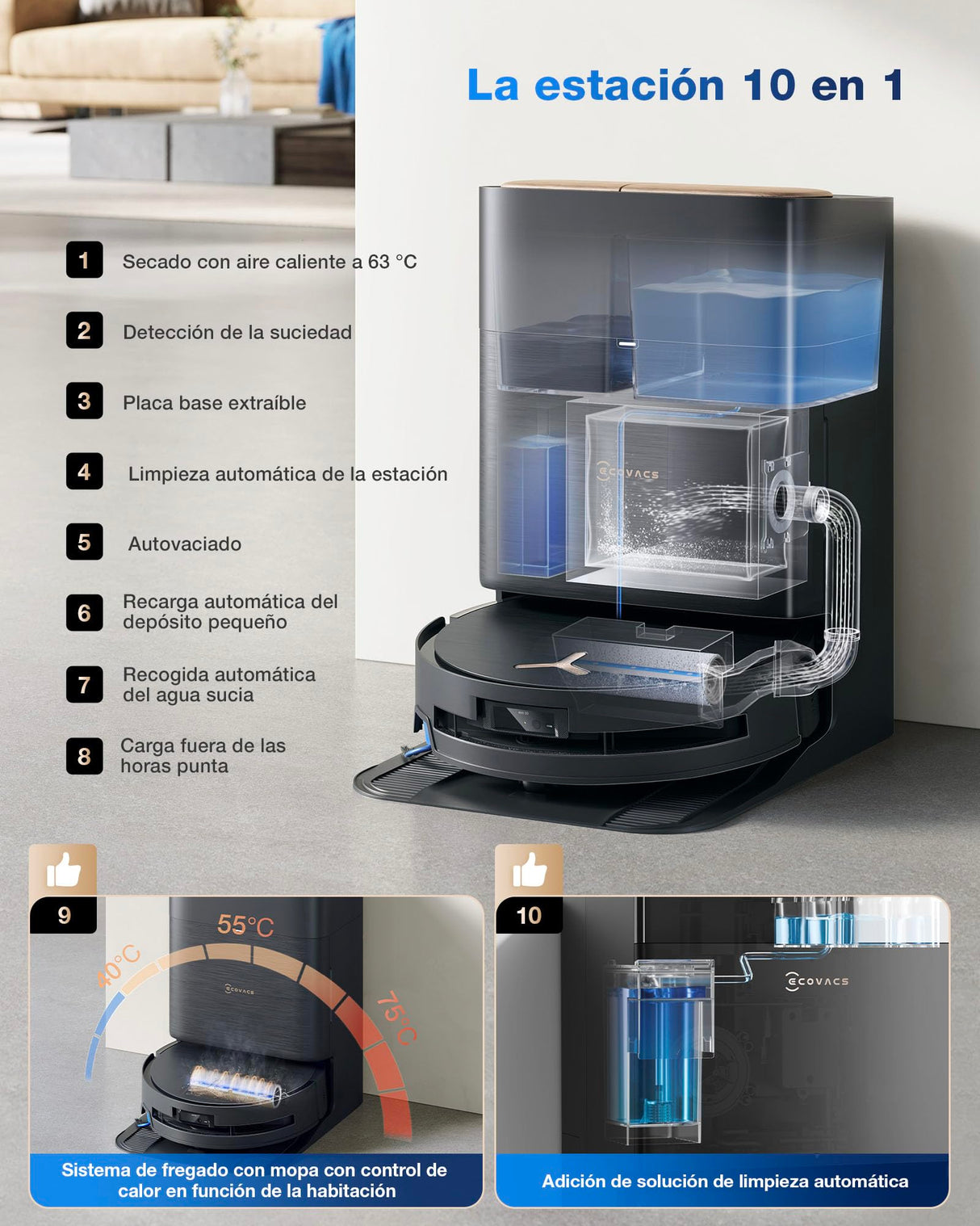 ECOVACS DEEBOT X9 Pro Omni Robot Aspirador y friegasuelos, 16 600 Pa, Ultrafino, fregado con mopa y autolavado inst, OZMO Roller, ZeroTange 3.0, TruEdge 2.0, Secado Aire Cal, Negro