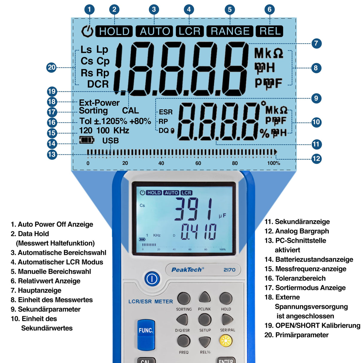 PeakTech 2170 - Medidor LCR, Dispositivo de Medición Esr con Usb, Incluido Software, Frecuencia 1/120 Hz, 1/10/100 Khz, Digital, Medición de Corriente, Pantalla LCD Iluminada, Gráfico de Barras