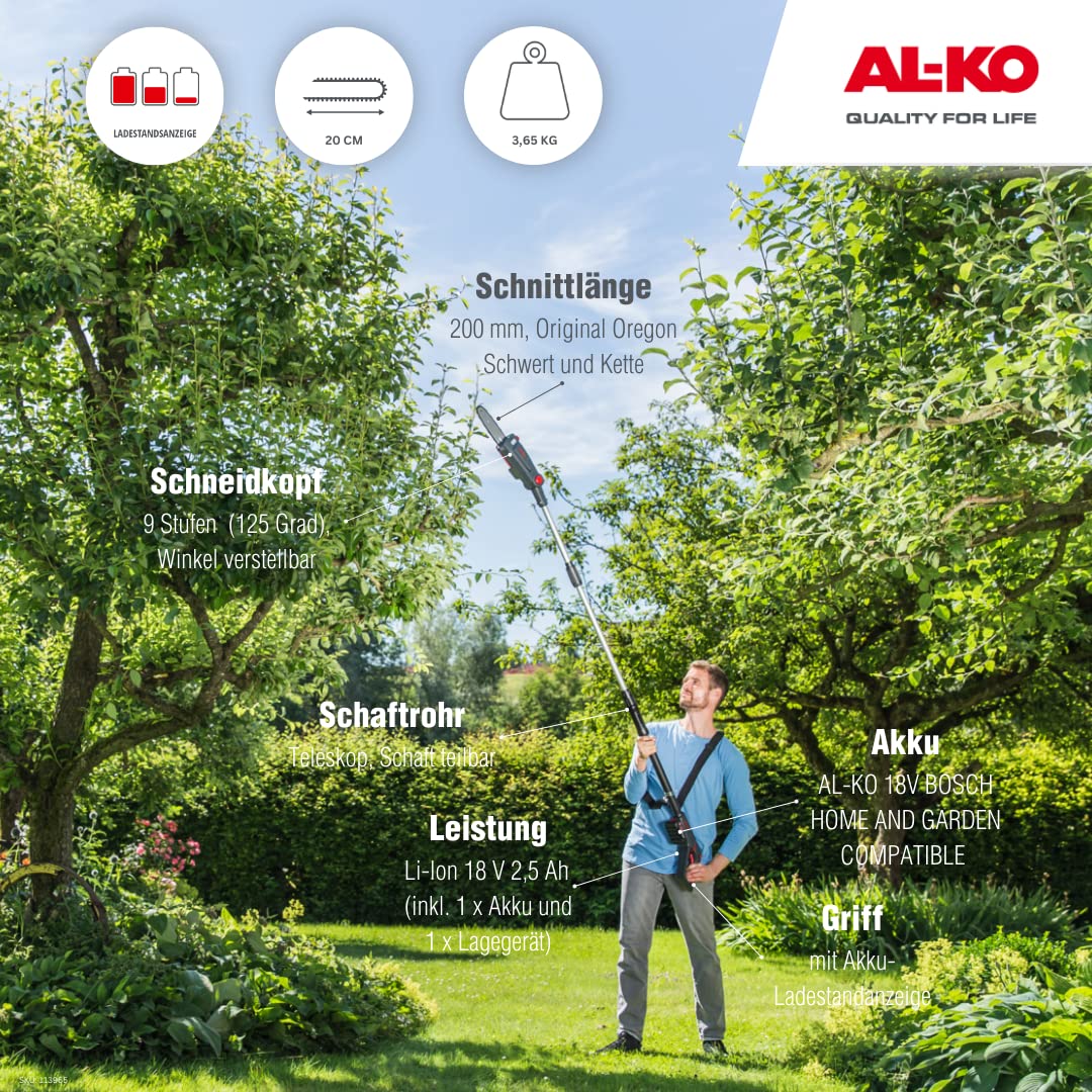 AL-KO Podadora CSA 1820, batería de ion de litio de 18 V (batería y cargador incluidos), 20 cm de longitud, 3,7 m/s, velocidad de la cadena, ajuste de ángulo de 125 grados.