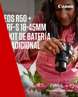 Canon EOS R50 Cuerpo Cámara Mirrorless + Objetivo RF-S 18-45 mm F4.5-6.3 IS STM + 2X Baterías (Kit de Batería Adicional), Cámara Evil APS-C (24,2 MP) -4 EV, Vídeo 4K 30 fps, Dual Pixel CMOS AF II