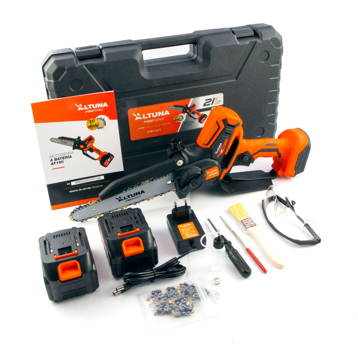 Altuna - Motosierra a Batería con Cadena de Titanio Autoengrasable - Motor Brushless 1000W - Corte 180mm - Incluye 2 Baterías 4Ah - Ligera y Compacta - Con Maletín Protector y Gafas de Protección