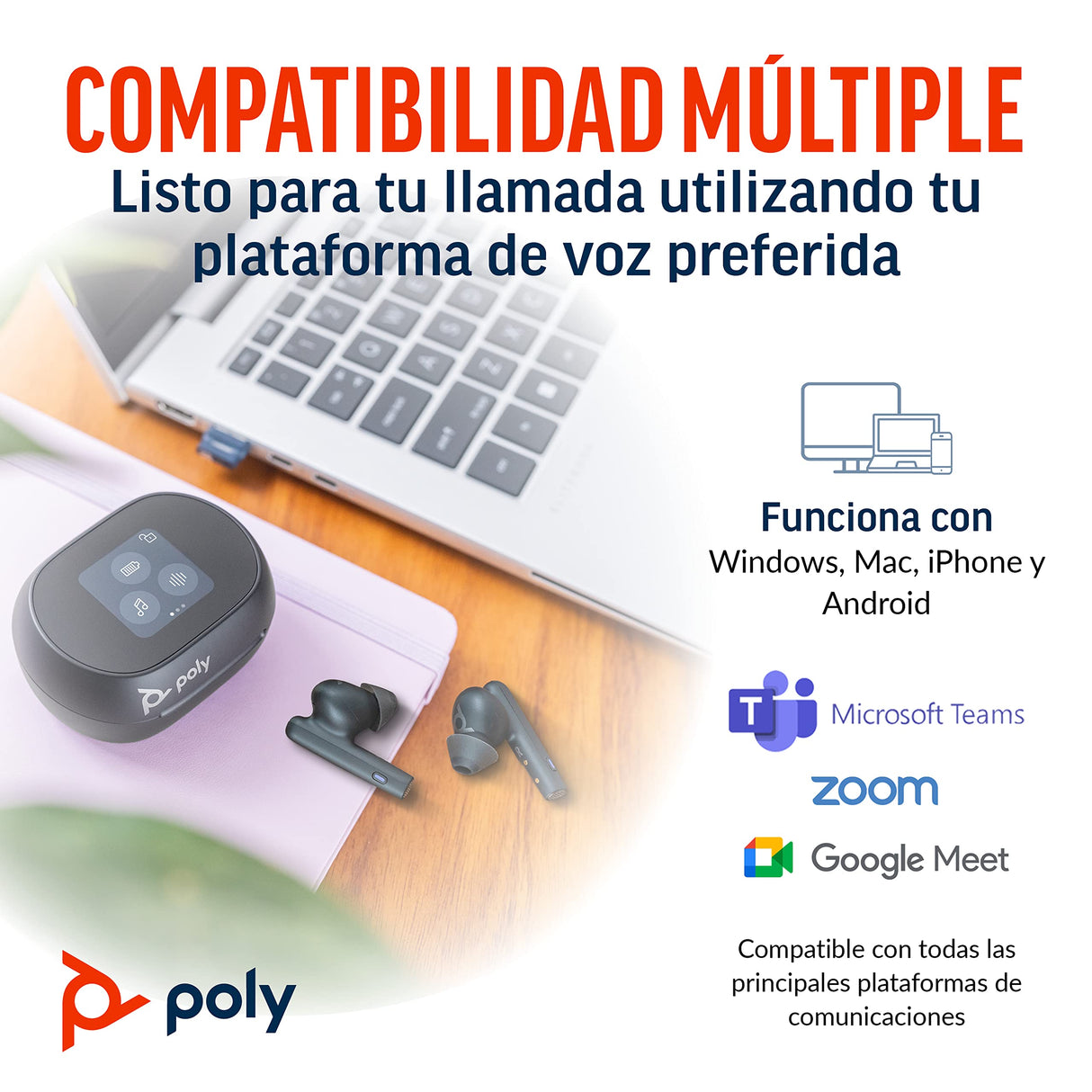 Auriculares Voyager Free 60+ UC de Poly (Plantronics) — Cancelación de ruido para llamadas nítidas — ANC — Estuche de carga con control táctil — Compatible con iPhone, Android, PC/Mac, Zoom y Teams