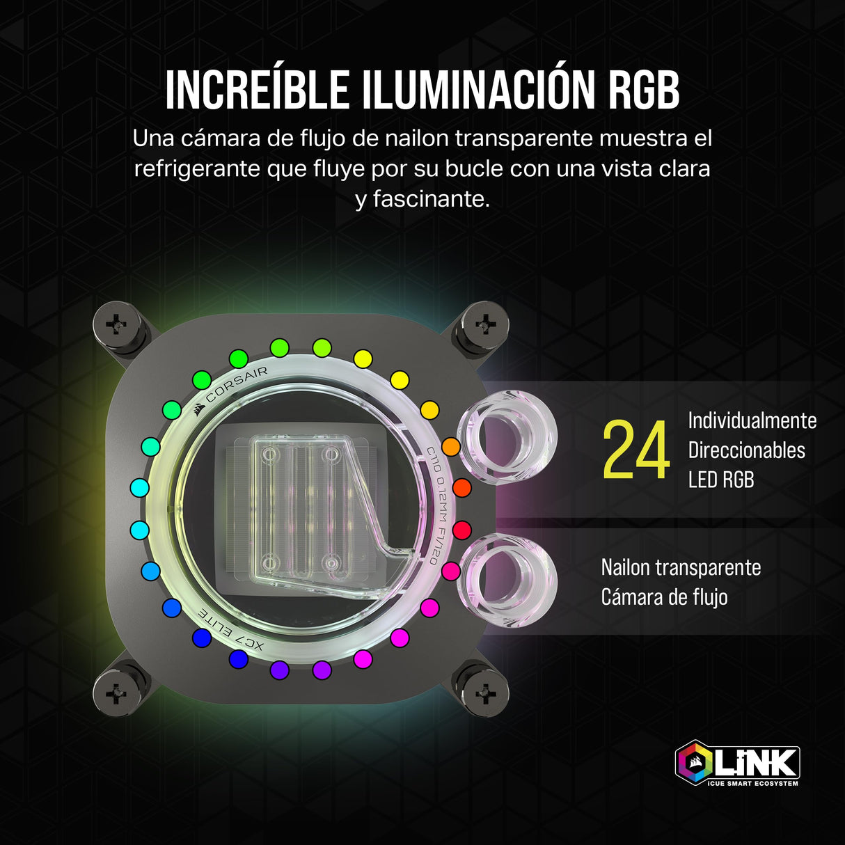 CORSAIR iCUE Link XC7 RGB Elite Bloque de Refrigeración para CPU - Cámara de Flujo Transparente – 24 LED RGB - Compatible con Intel LGA 1700, AMD AM5 y Versiones anteriores - Gris Sigiloso