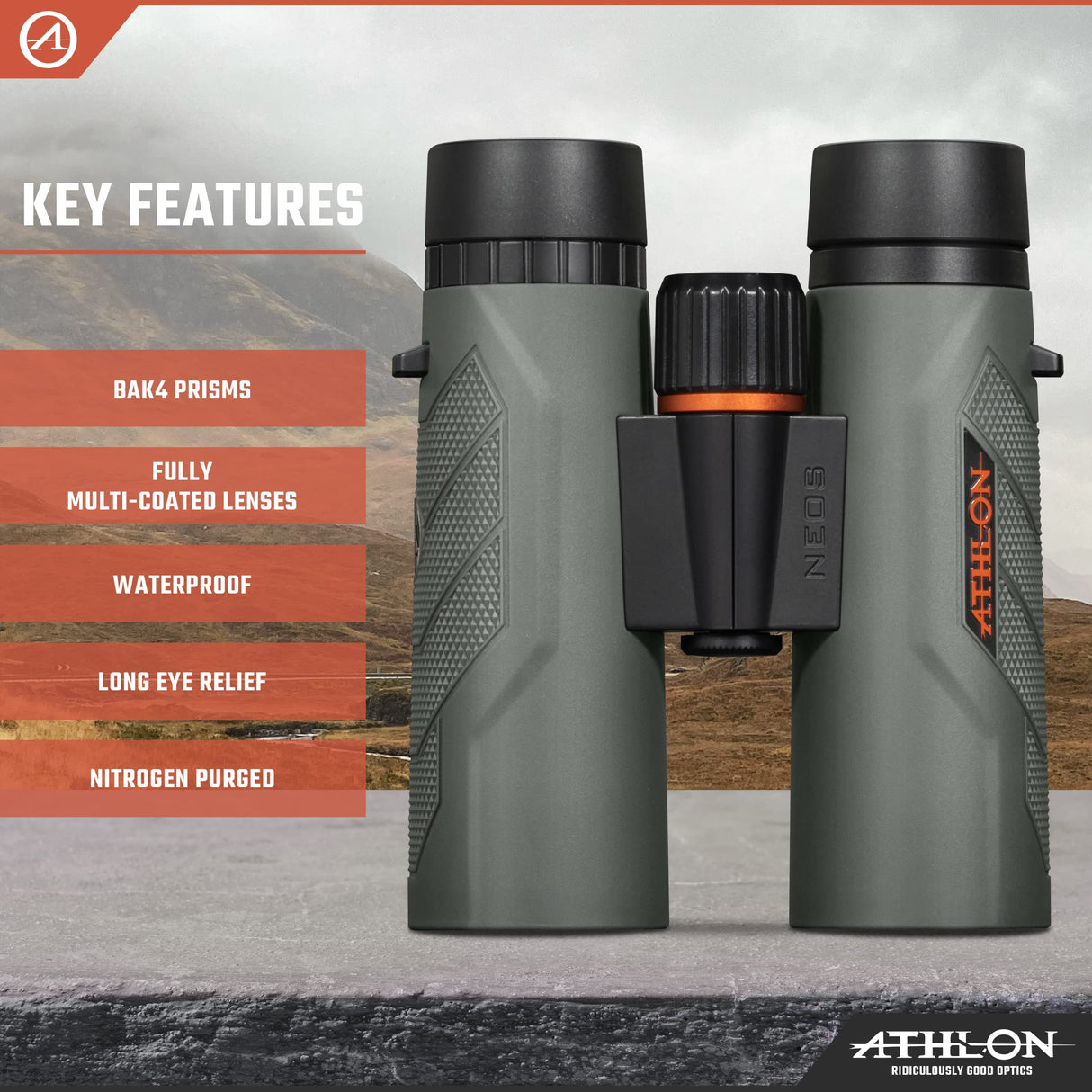 Athlon Optics Prismáticos Neos G2 HD de 10 x 42 Pulgadas con Alivio Ocular para Adultos y niños, prismáticos de Alta Potencia para Caza, observación de Aves y más, Color Negro