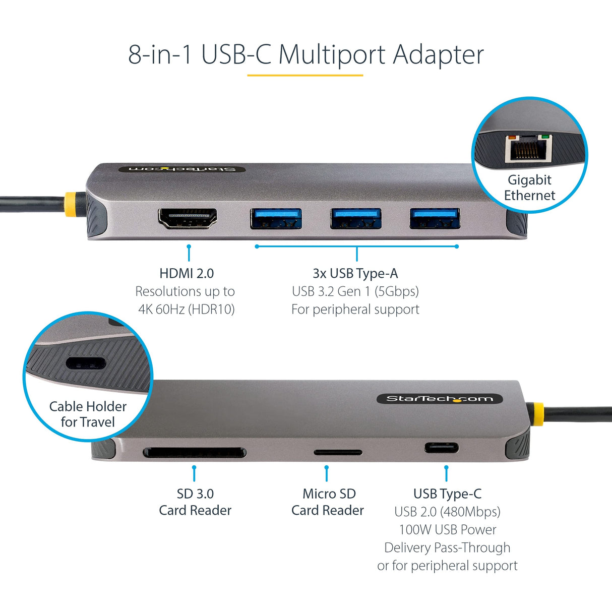 StarTech.com Adaptador Multipuertos USB C de Vídeo 4K a 60Hz, con Hub de 3 Puertos USB-A de 5Gbps, Entrega de Alimentación USB de 100W, Red Ethernet, SD/microSD, Cable de 30cm (115B-USBC-MULTIPORT)
