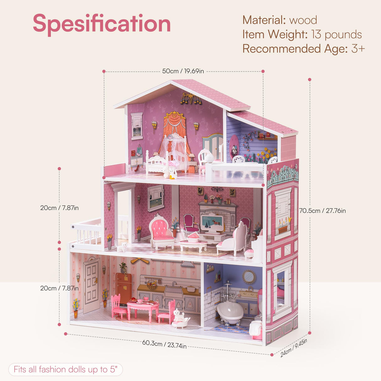 ROBUD Juego de casa de muñecas de Madera, 3 Cuentos, 5 Habitaciones, 24 Uds. Muebles, Pretender Jugar Juguete Regalo para niños niños niñas