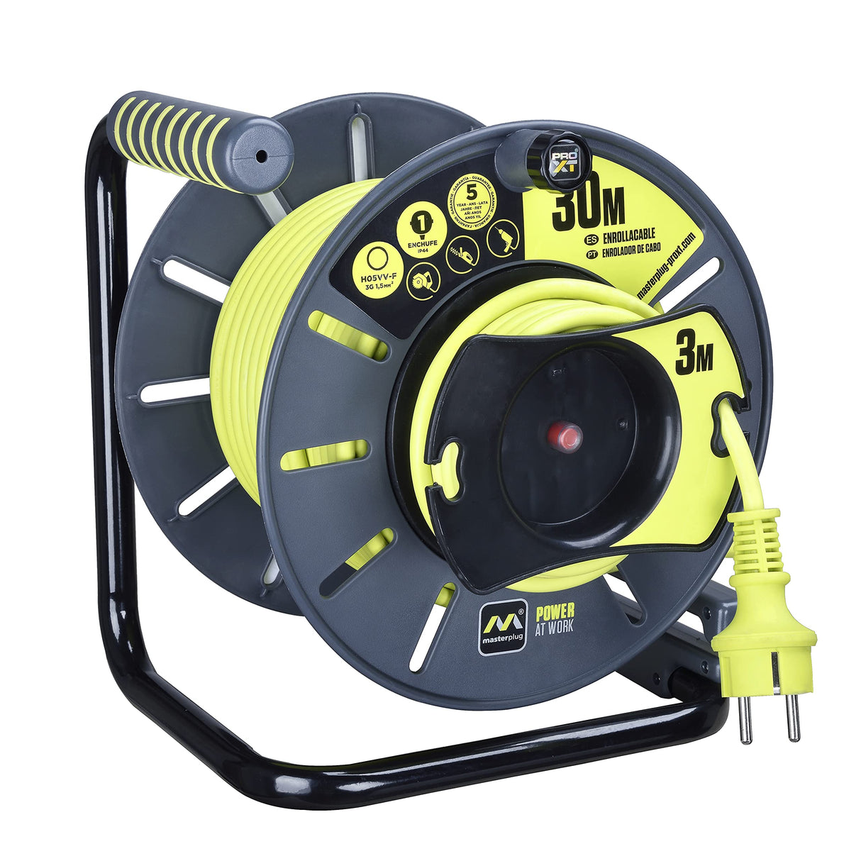 Masterplug Pro-XT Enrollacables de carrete de cable abierto de cuatro tomas con asa de bobinado, interruptor térmico e interruptor de alimentación, cable de alta visibilidad de 30+3 metros