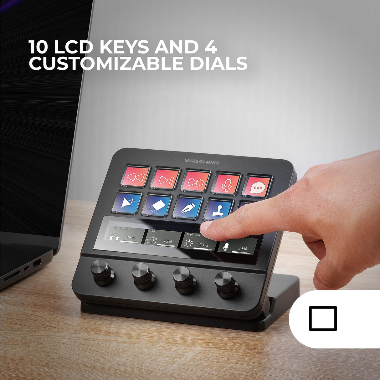 Mars Gaming MSD-Pro, Control Deck, 10 Teclas LCD y 4 Diales Personalizables, Pantalla Táctil Extendida Animada, Base Ajustable; Software de Control, Hub USB con 2X USB 3.0 + 1x USB-C, Negro