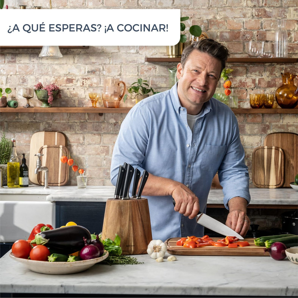 Tefal Jamie Oliver – Bloque de 5 Cuchillos: Chef 20 cm, Santoku 16,5 cm, Pan 20 cm, Universal 12 cm, Pelador 9 cm | Acero Inoxidable, Endurecidos con Hielo -120°C, Preciso, Mango Robusto, Duradero