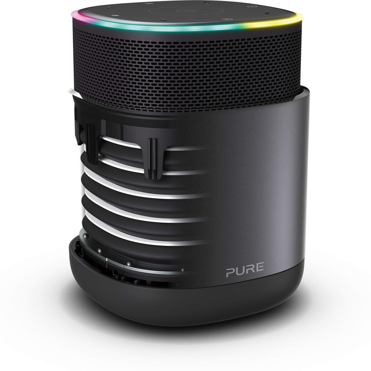 Pure DiscovR Altavoces Bluetooth con Alexa Incorporado, Multiroom, Carga rápida, Sonido de 360 Grados, 15 Horas de duración de la batería, Radio por Internet y privacidad Mejorada Grafito/Negro