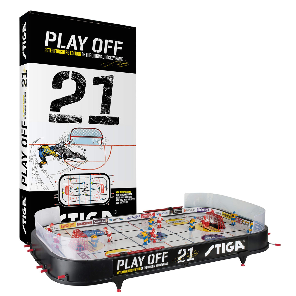 STIGA Play Off 21 Juego de Hockey sobre Hielo - Versión Actualizada con Peter Foppa Forsberg, Fácil Montaje, Lámina de Hielo 25% Más Gruesa, Contador de Goles y Discos Personalizados, 96x50 cm