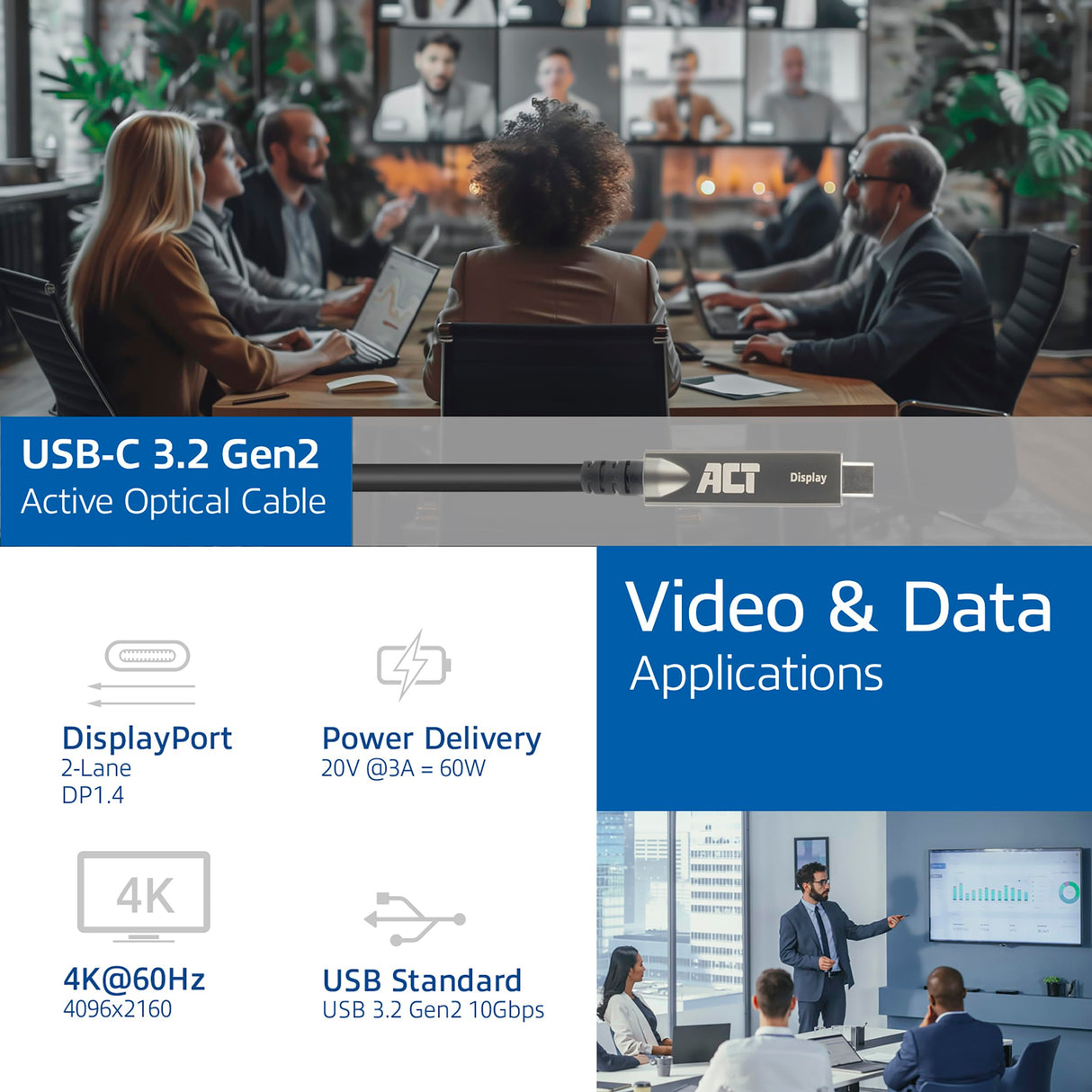 ACT AK4323 - Cable de vídeo USB C Active (AOC) de 3 m, USB 3.2 Gen2, 10 Gbps de alta velocidad, fibra óptica activa USB C, para paneles táctiles, videoconferencia