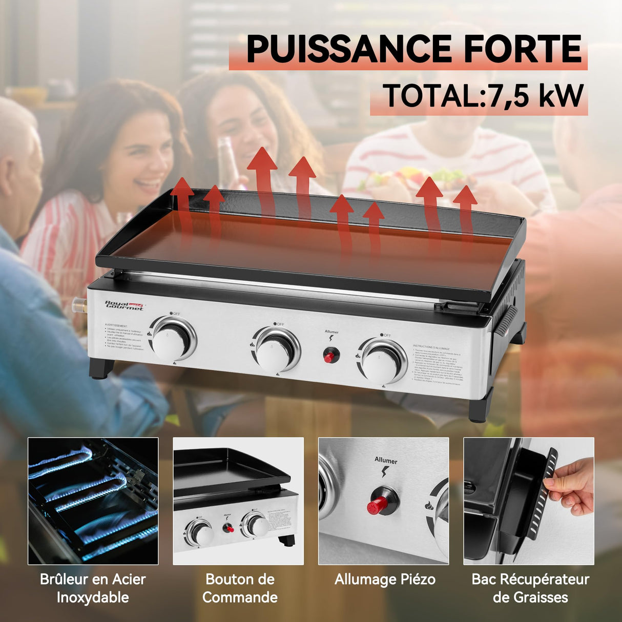 Royal Gourmet - Plancha de Gas de Acero esmaltado, 3 quemadores de Potencia 7,5 kW, Superficie de cocción 62,0 x 35,5 cm, portátil para Acampar y al Aire Libre