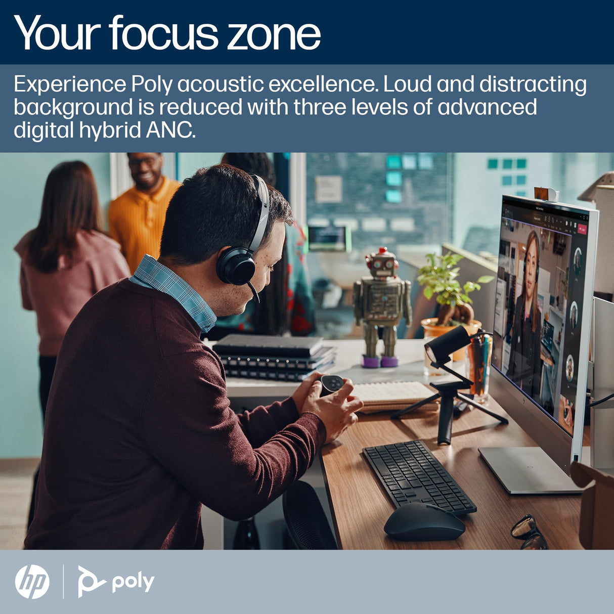 Poly Voyager Focus 2 Auriculares inalámbricos UC con micrófono y soporte de carga: compatible con PC a través del adaptador BLUETOOTH BT700 incluido o mediante cable USB