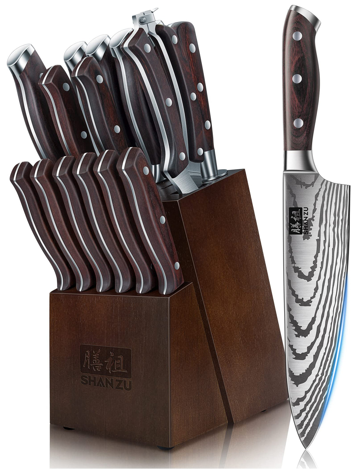 SHAN ZU Juego de Cuchillos Cocina, 16 Piezas Set Cuchillos Cocina Profesional de Acero Inoxidable de Alto Carbono, Juego de Cuchillos con Bloque de Madera, Afilador, Cuchillo de Chef, Santoku, Tijeras
