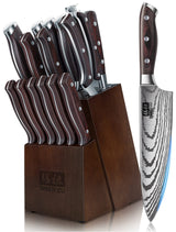 SHAN ZU Juego de Cuchillos Cocina, 16 Piezas Set Cuchillos Cocina Profesional de Acero Inoxidable de Alto Carbono, Juego de Cuchillos con Bloque de Madera, Afilador, Cuchillo de Chef, Santoku, Tijeras
