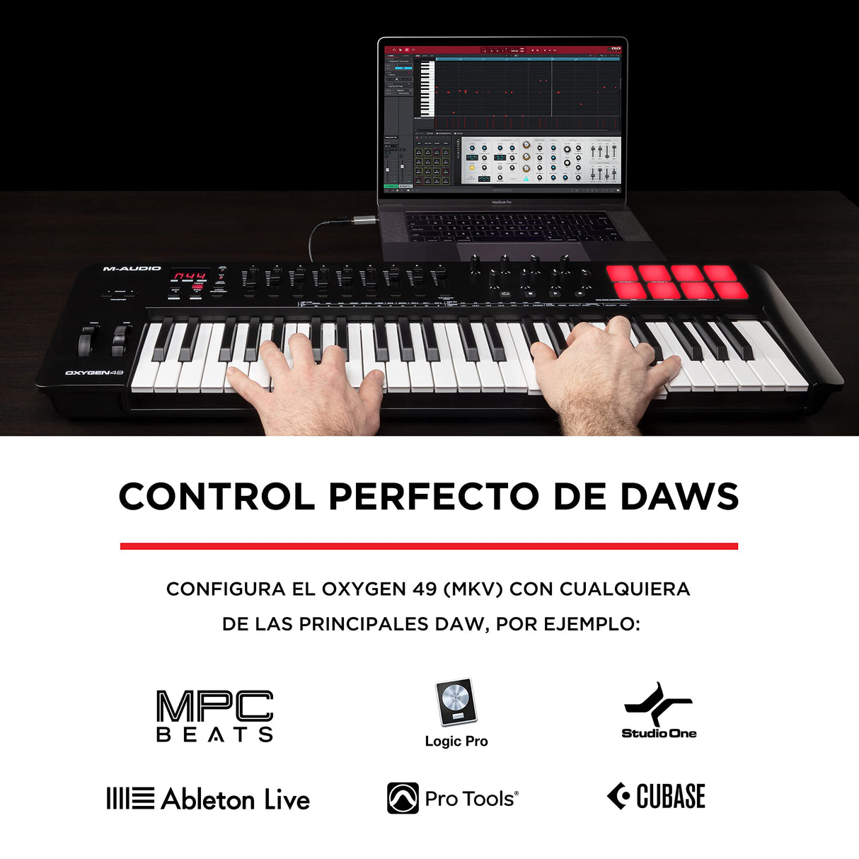 M-Audio Oxygen 49 (MKV) - teclado controlador MIDI USB con 49 teclas, beat pads, Smart Chord, modos de escala, arpegiador y pack de sonidos de Native Instruments (integración de NKS)
