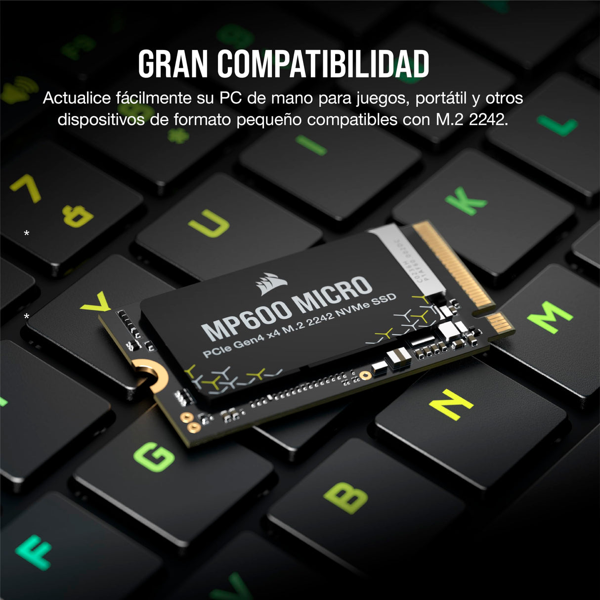 Corsair MP600 Micro 2TB M.2 NVMe PCIe x4 Gen4 SSD – M.2 2242 – hasta 7.000 MB/s de Lectura Secuencial – Compatible con Los Portátiles Lenovo Legion Go y Thin PCIe 4.0 – Negro