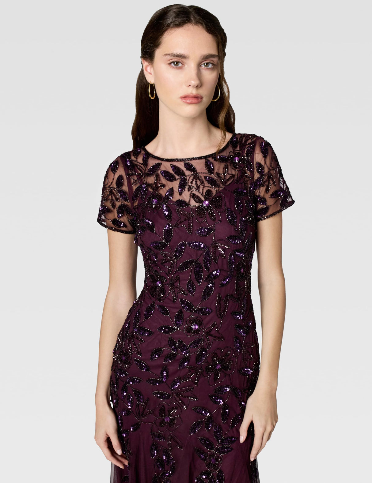Adrianna Papell Short-Sleeve Floral Beaded Godet Gown Vestido, Ciruela Nocturna, 46 Mujeres