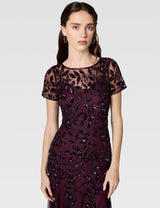 Adrianna Papell Short-Sleeve Floral Beaded Godet Gown Vestido, Ciruela Nocturna, 46 Mujeres