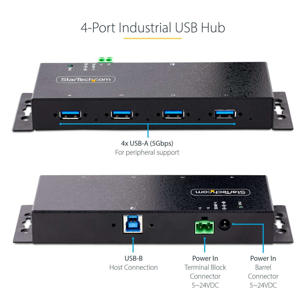 StarTech 4-Port Industrial USB 3.0 Hub - 5Gbps, ESD and surge protection - Robust metal housing