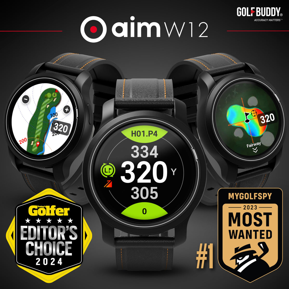 GolfBuddy Aim W12 - Reloj de Golf GPS con Pantalla táctil a Todo Color, ondulación Verde, Vista previa de Agujeros, Forma más Inteligente de Jugar