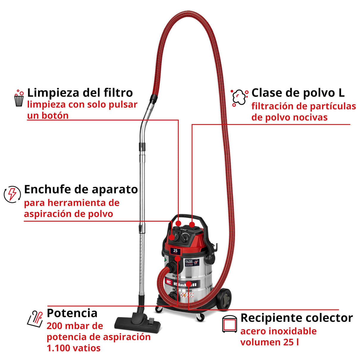 Einhell Aspirador en seco y húmedo TE-VC 2580 SACL (1100 W, Potencia de aspiración 200 mbar, depósito 25 l, Clase de protección al Polvo L, Filtro HEPA, Limpieza de filtros, Toma aut., Accesorios)
