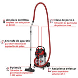 Einhell Aspirador en seco y húmedo TE-VC 2580 SACL (1100 W, Potencia de aspiración 200 mbar, depósito 25 l, Clase de protección al Polvo L, Filtro HEPA, Limpieza de filtros, Toma aut., Accesorios)