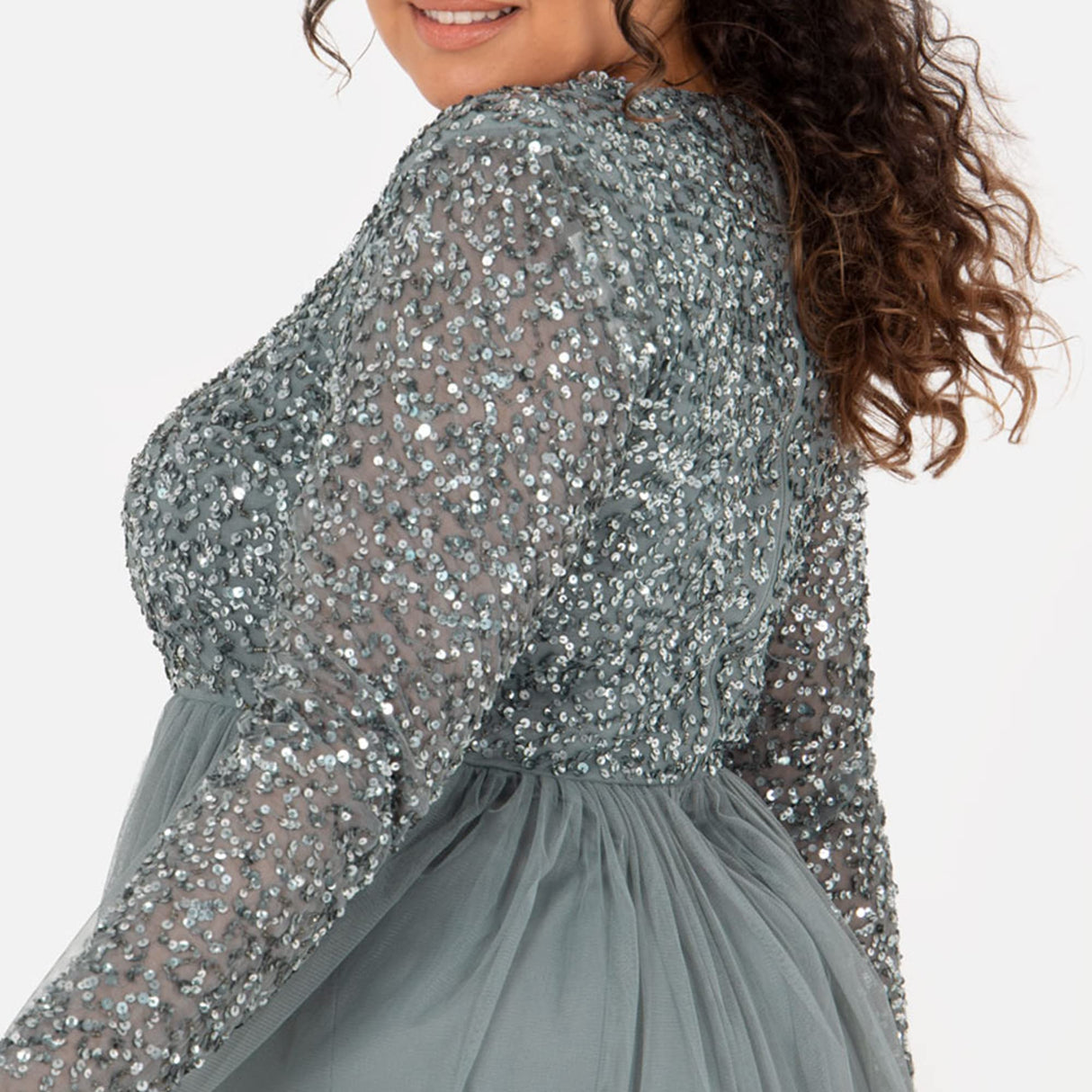Maya Deluxe Vestido Maxi de Manga Larga Adornado Maya para Dama de Honor Formal, Verde Neblina, 48 para Mujer
