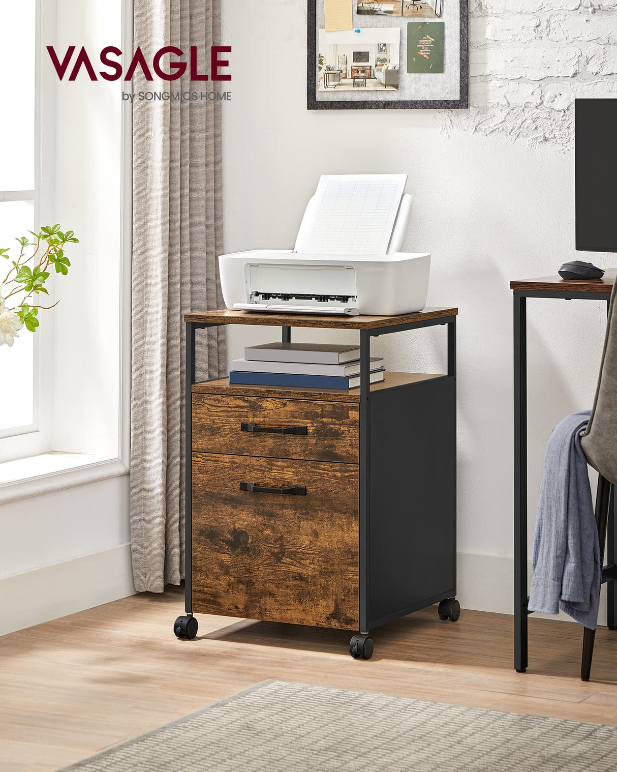 VASAGLE Archivador Móvil con 2 Cajones, Archivador de Oficina con Ruedas, Compartimento Abierto, Marco de Acero, Estilo Industrial, Marrón Rústico y Negro Tinta OFC71X