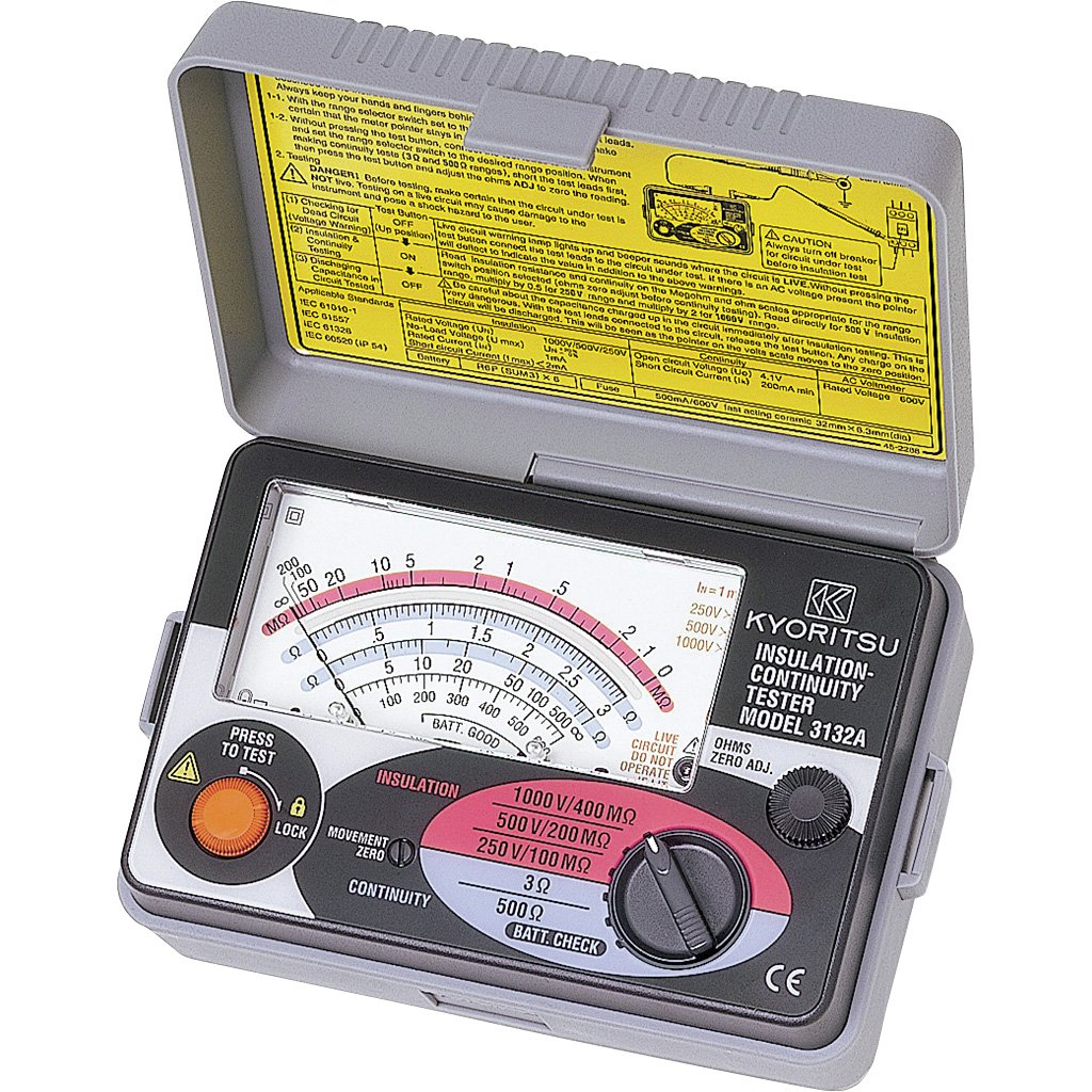 Kyoritsu KEW 3132A - Medidor de resistencia de aislamiento y prueba de continuidad con indicador analógico - Color gris