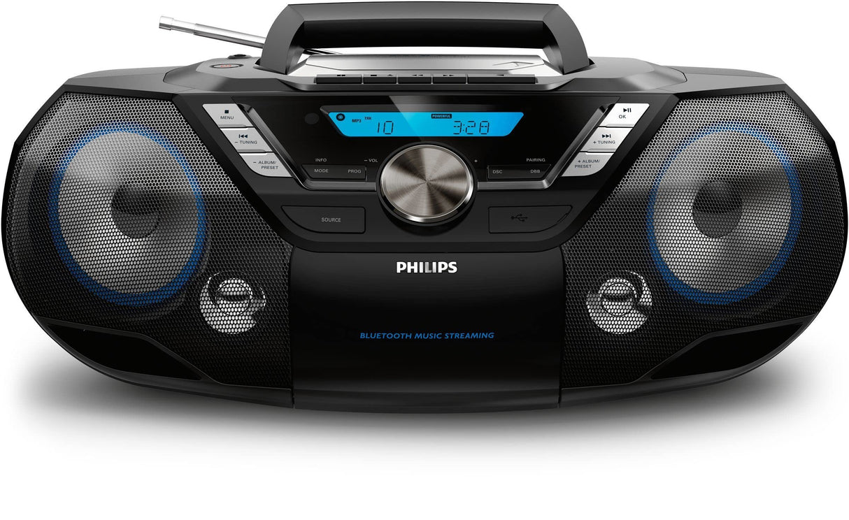 Philips AZB798T/12 Máquina de Sonido CD portátil, Reproductor de CD y Cassette Dab y FM Bluetooth, MP3-CD, USB, Bass dinámico, Control Remoto, Temporizador de sueño - Negro